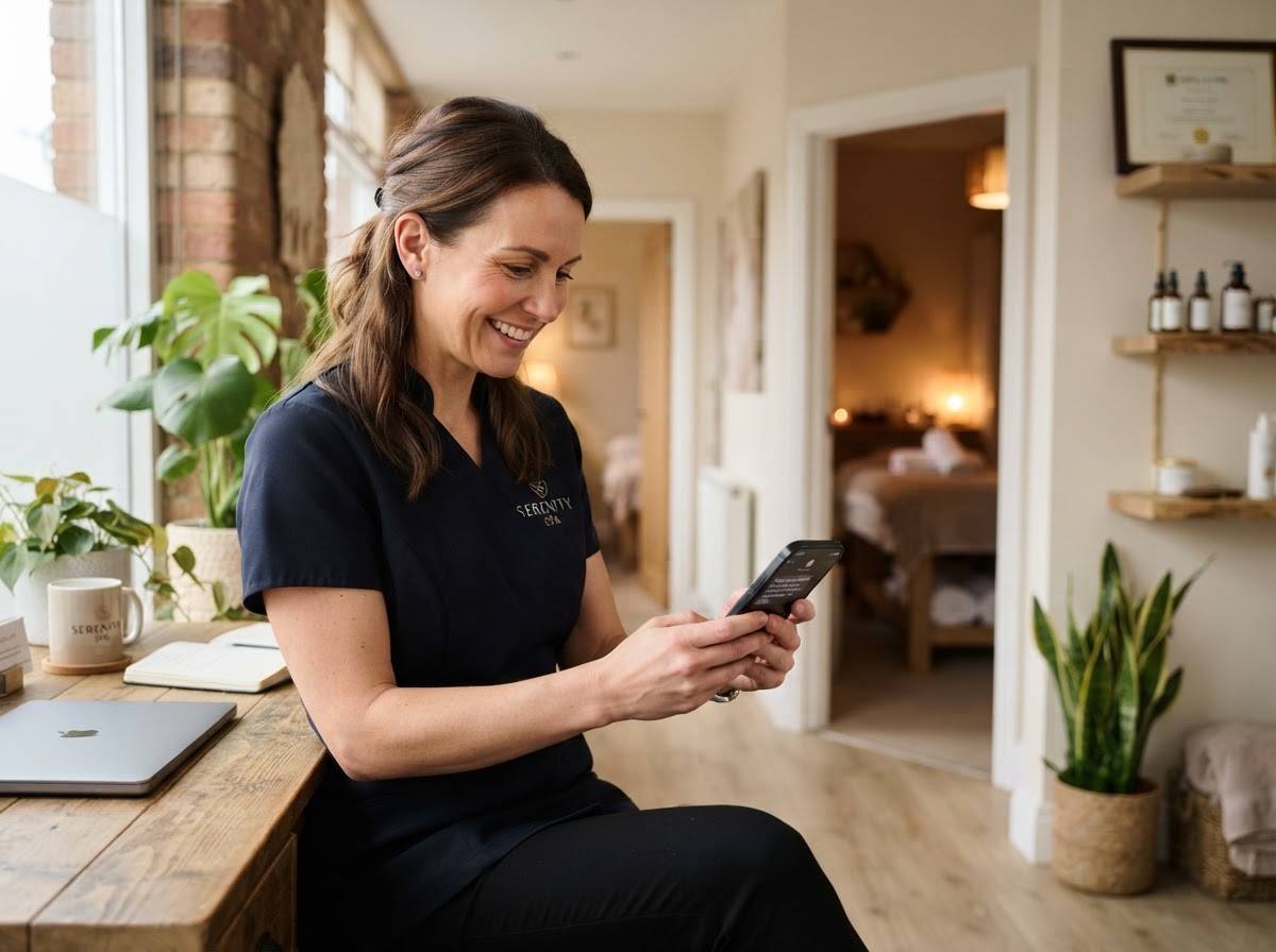 Female massage therapist sending an automated birthday message to a client on her smartphone