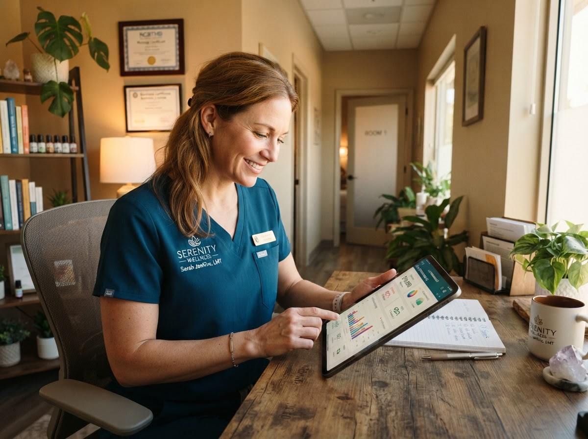 Female massage therapist reviewing financial reports and business performance on a tablet