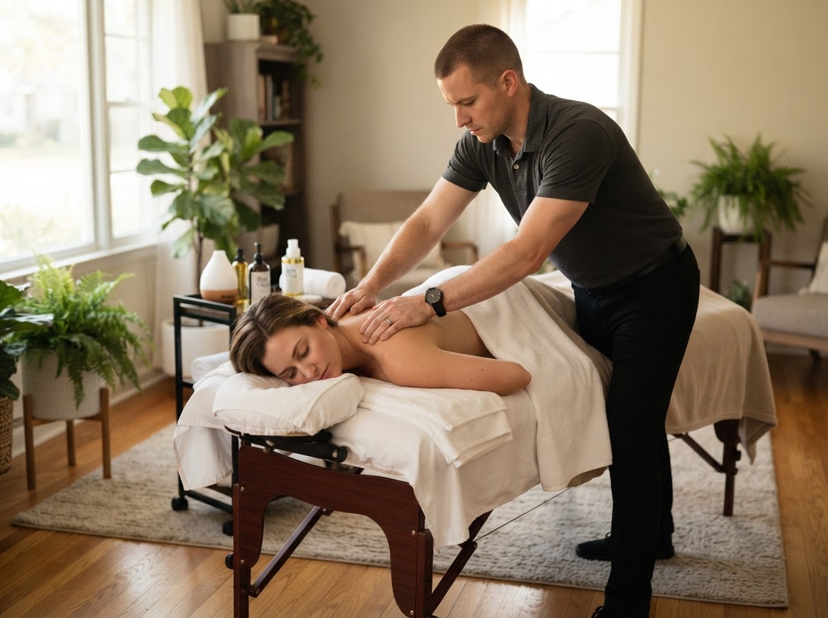 Male mobile massage therapist treating a client on a portable table in a home setting