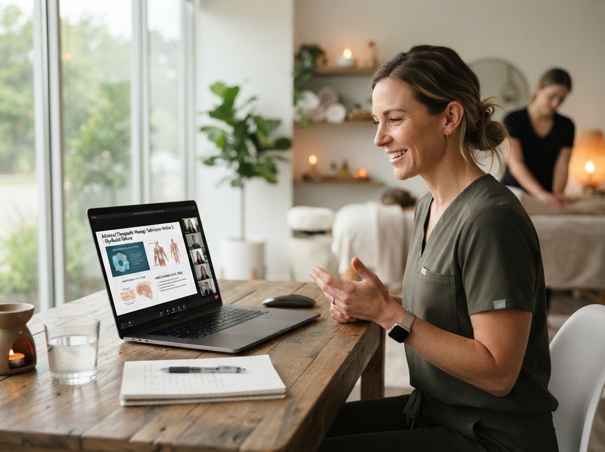 Female massage therapist teaching an online course on a laptop in a wellness studio