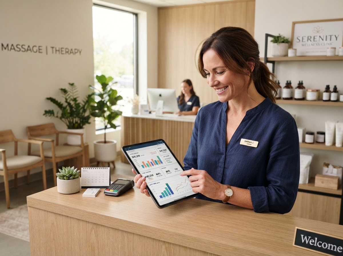 Massage clinic owner reviewing financial performance dashboards on a tablet