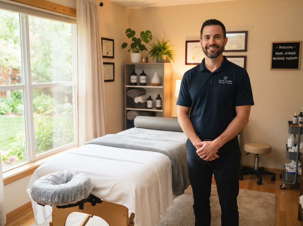 Massage therapist reviewing client records on a tablet