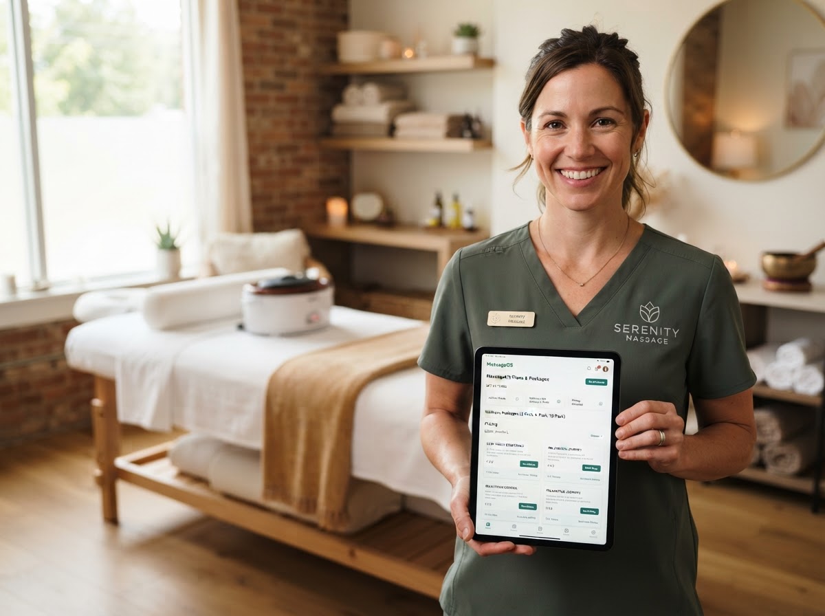 Happy massage therapist using MassageOS