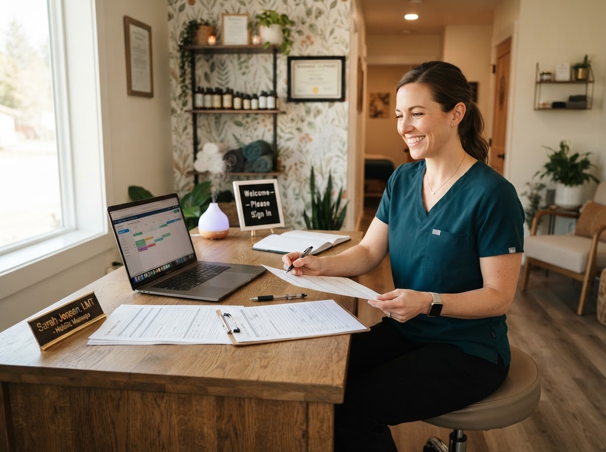 Massage therapist managing all client messages from one inbox