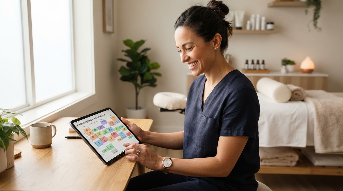 Massage therapist smiling at her fully booked calendar on a tablet