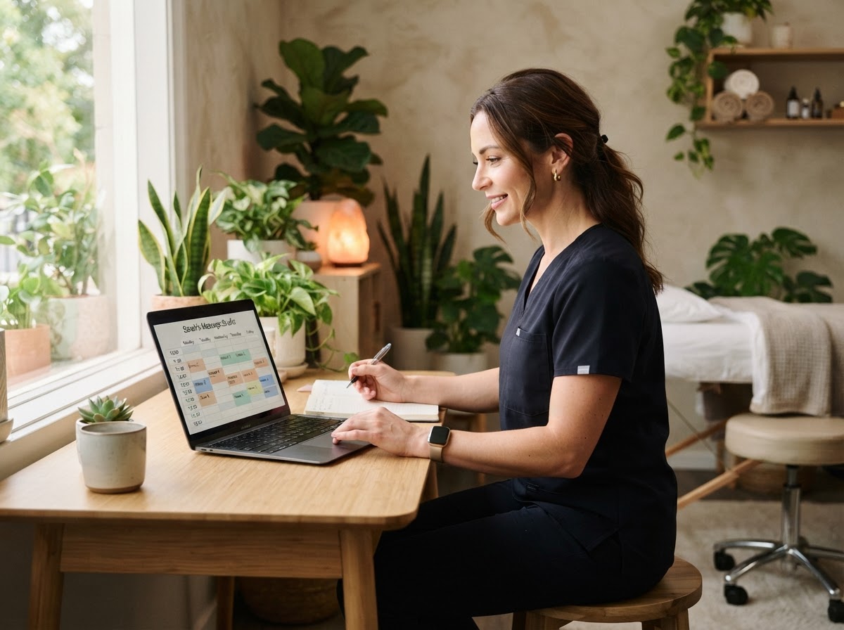 Female massage therapist reviewing her full appointment schedule on a laptop