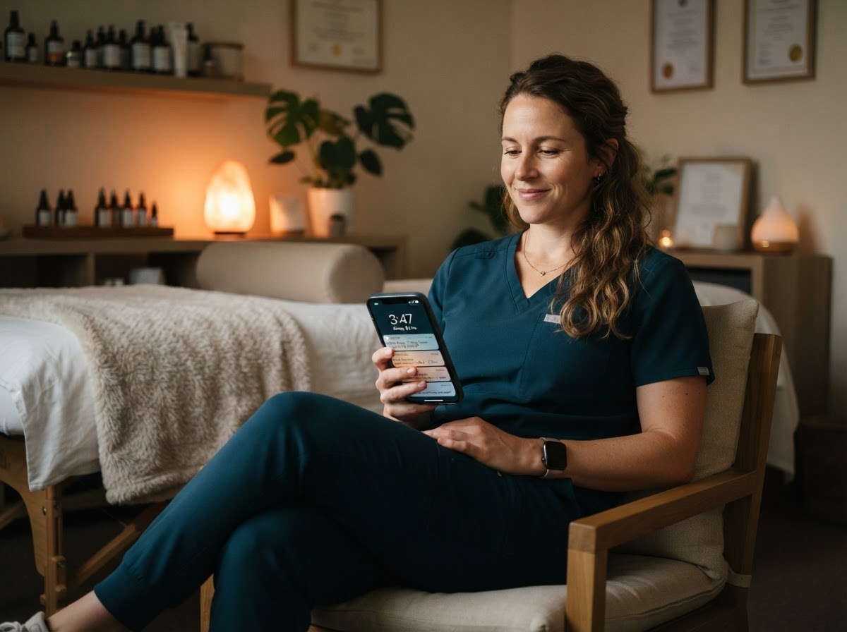 Female massage therapist relaxing while automated notifications appear on her phone