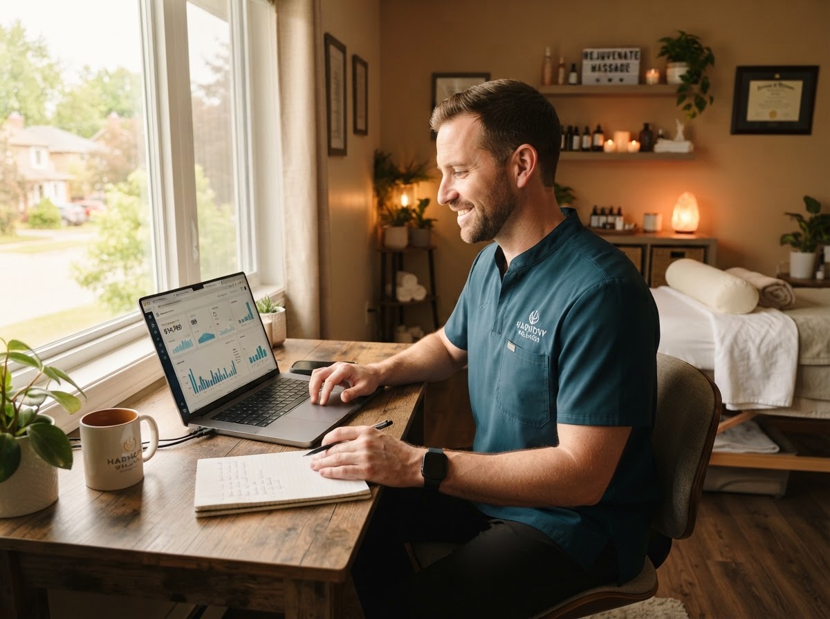 Male massage therapist checking revenue and financial dashboards on a laptop