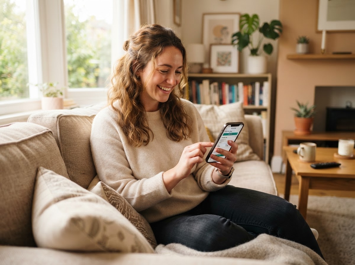 Happy client booking a massage appointment on her smartphone at home