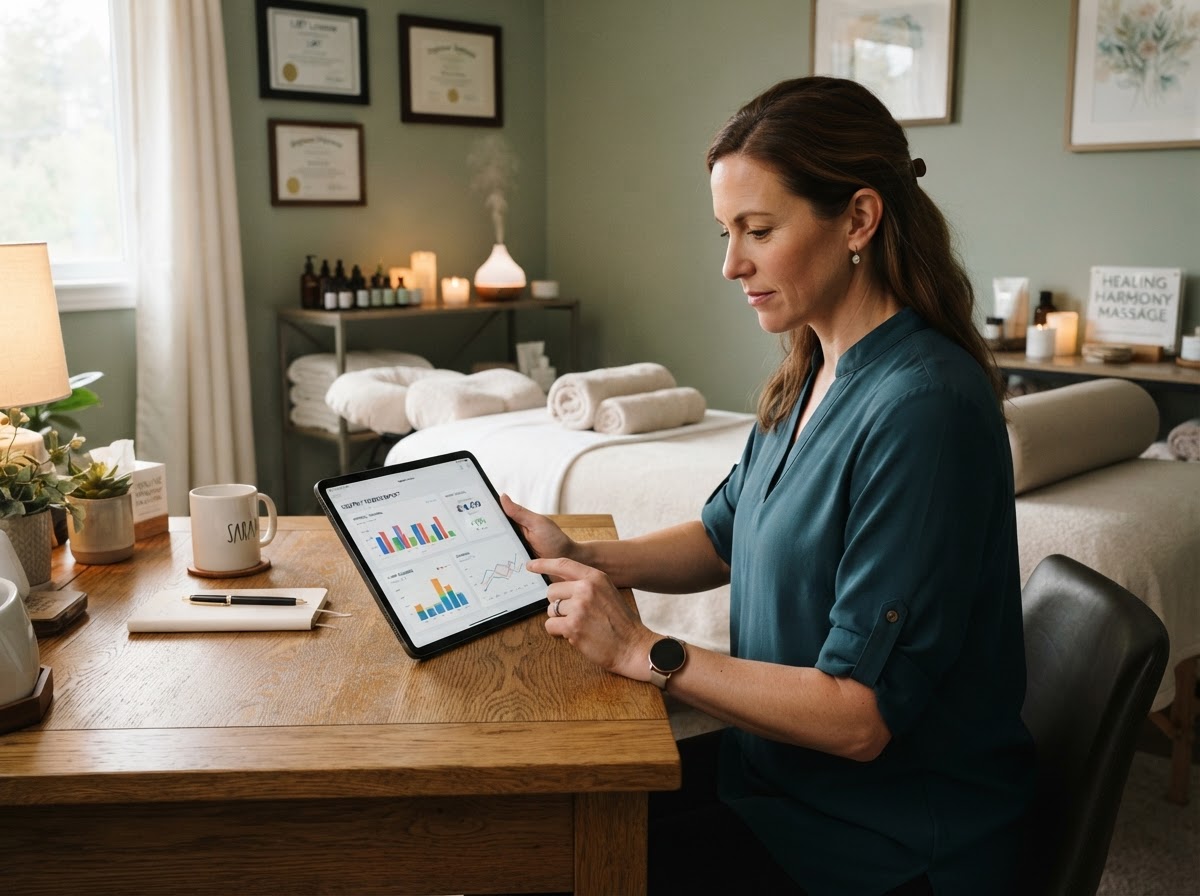 Female massage therapist reviewing business performance reports and revenue charts on a tablet