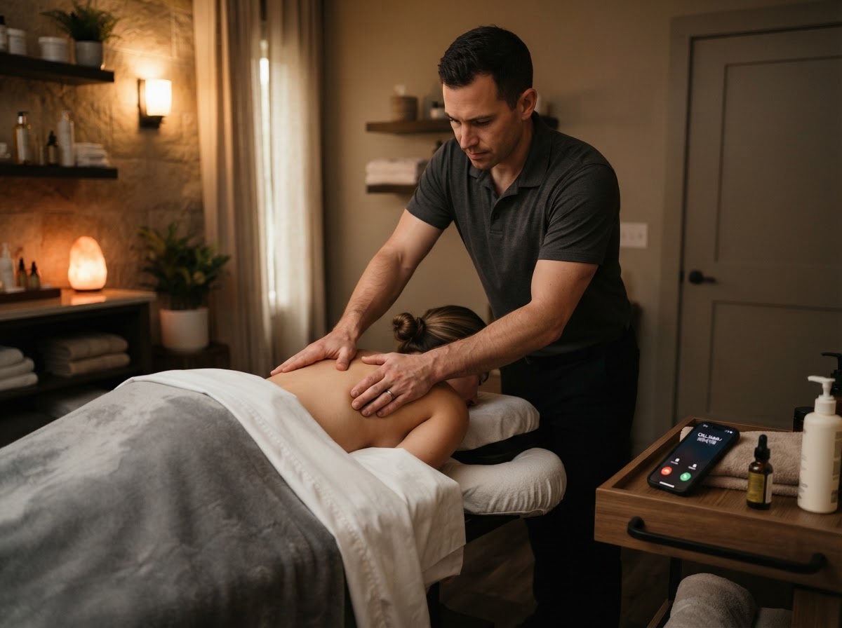 Massage therapist working on a client while AI Receptionist answers calls