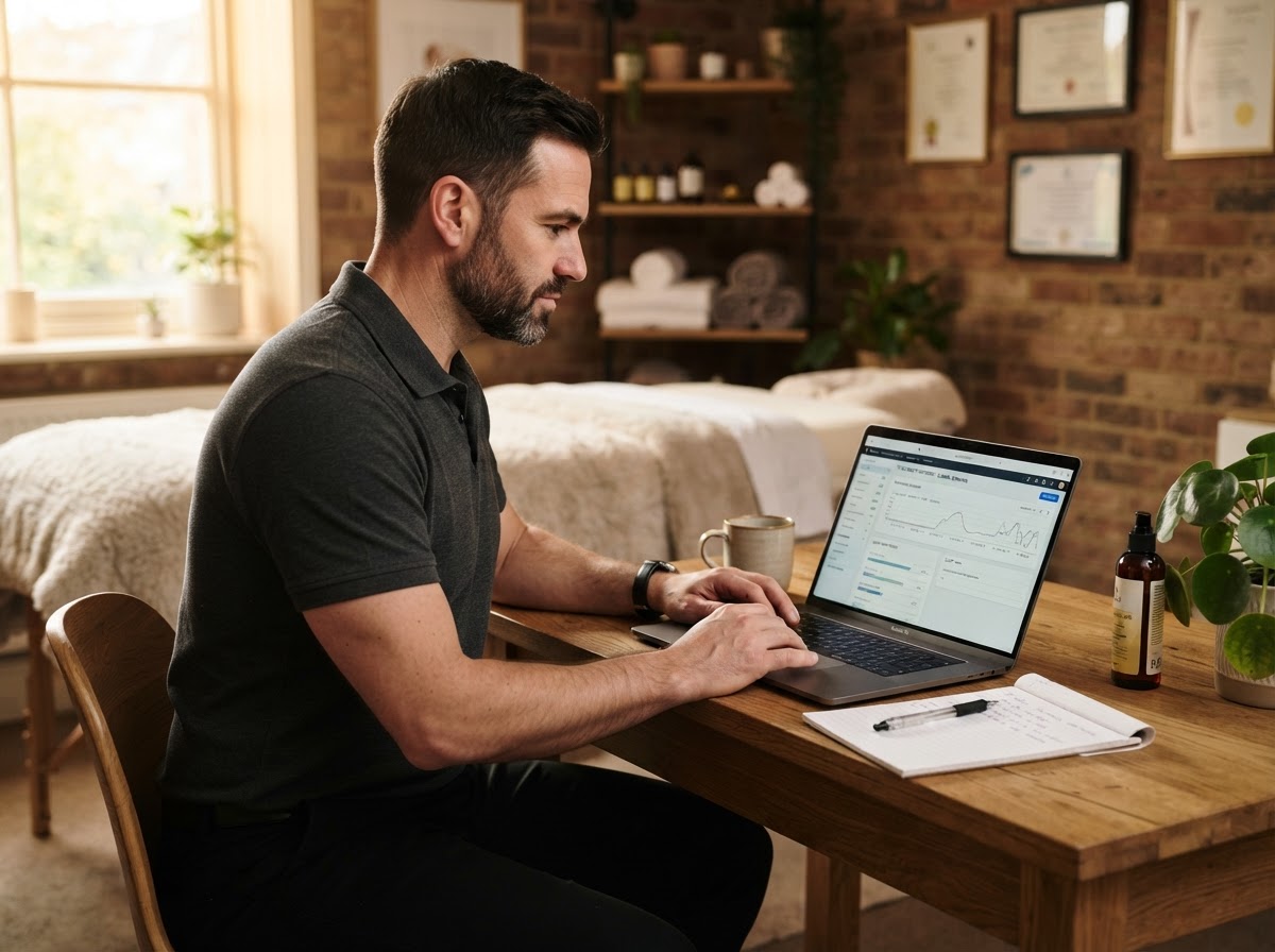 Male massage therapist reviewing a client timeline and treatment history on a laptop