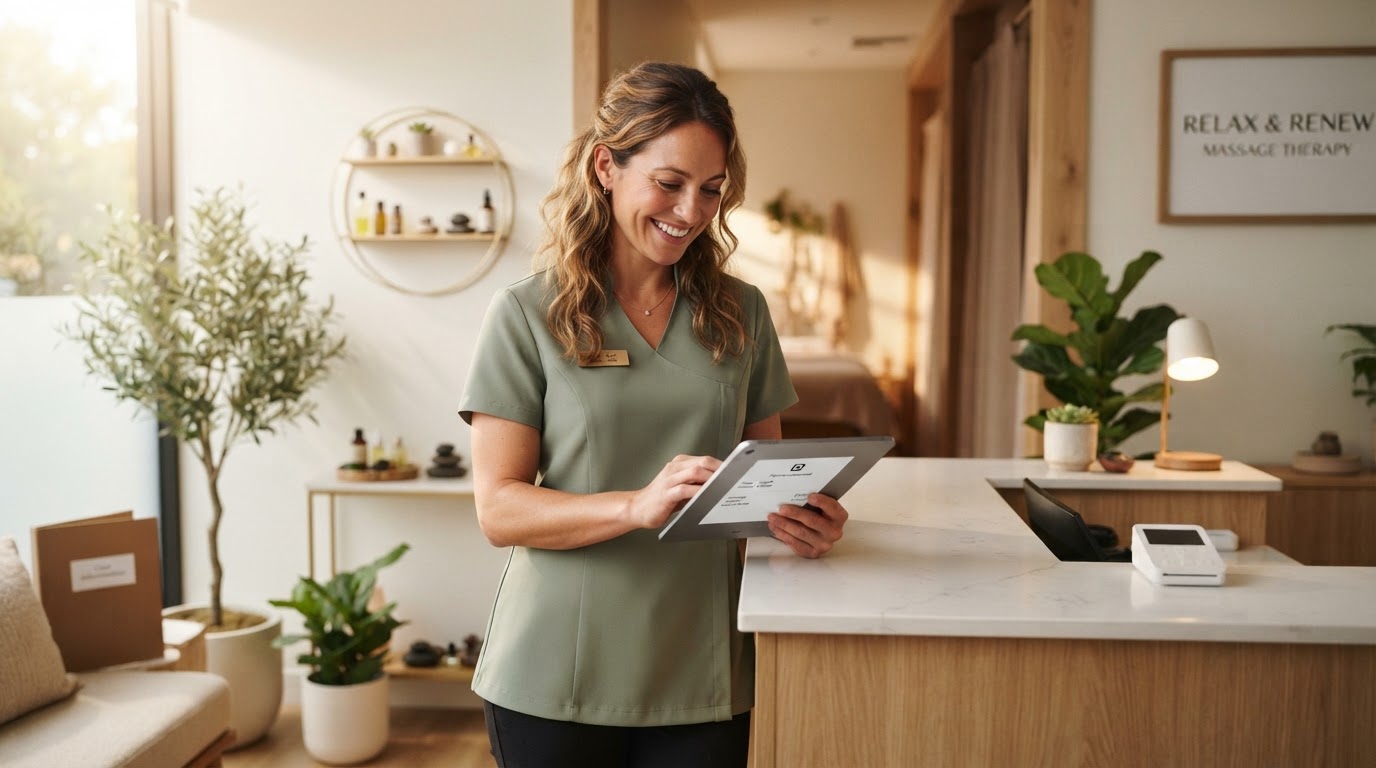 Female massage therapist smiling while reviewing a payment receipt on her tablet