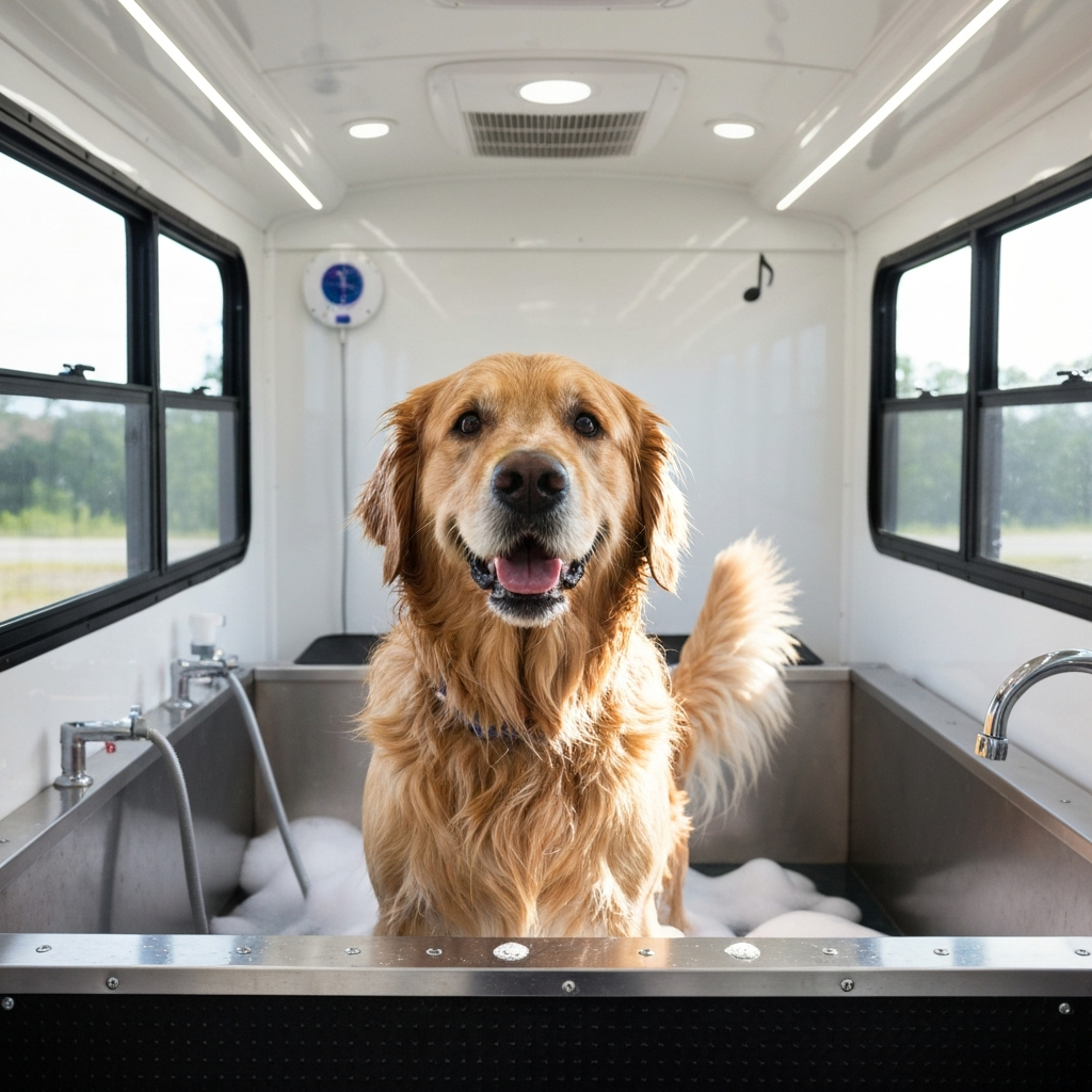 Happy dog getting a warm bath