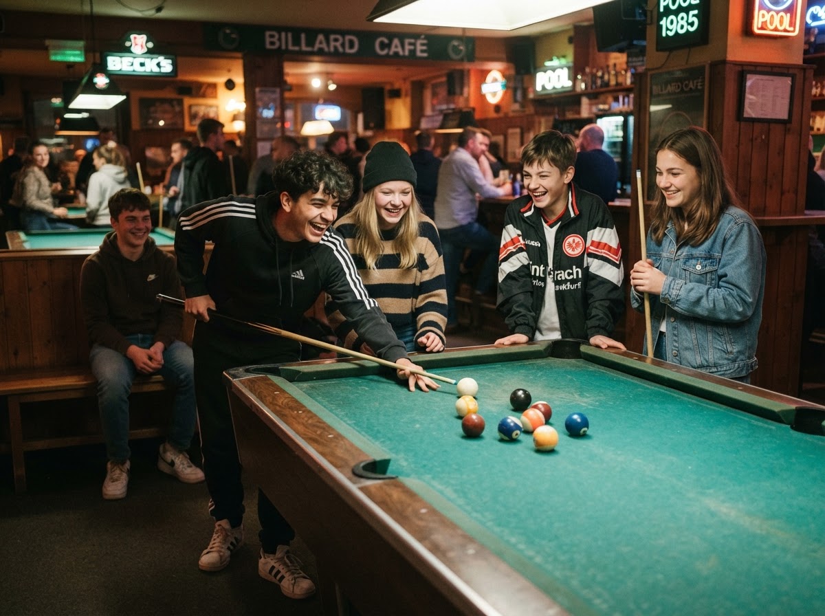 Deutsche Schüler beim Billardspielen in der Ferienaktion bei Pool in Dresden