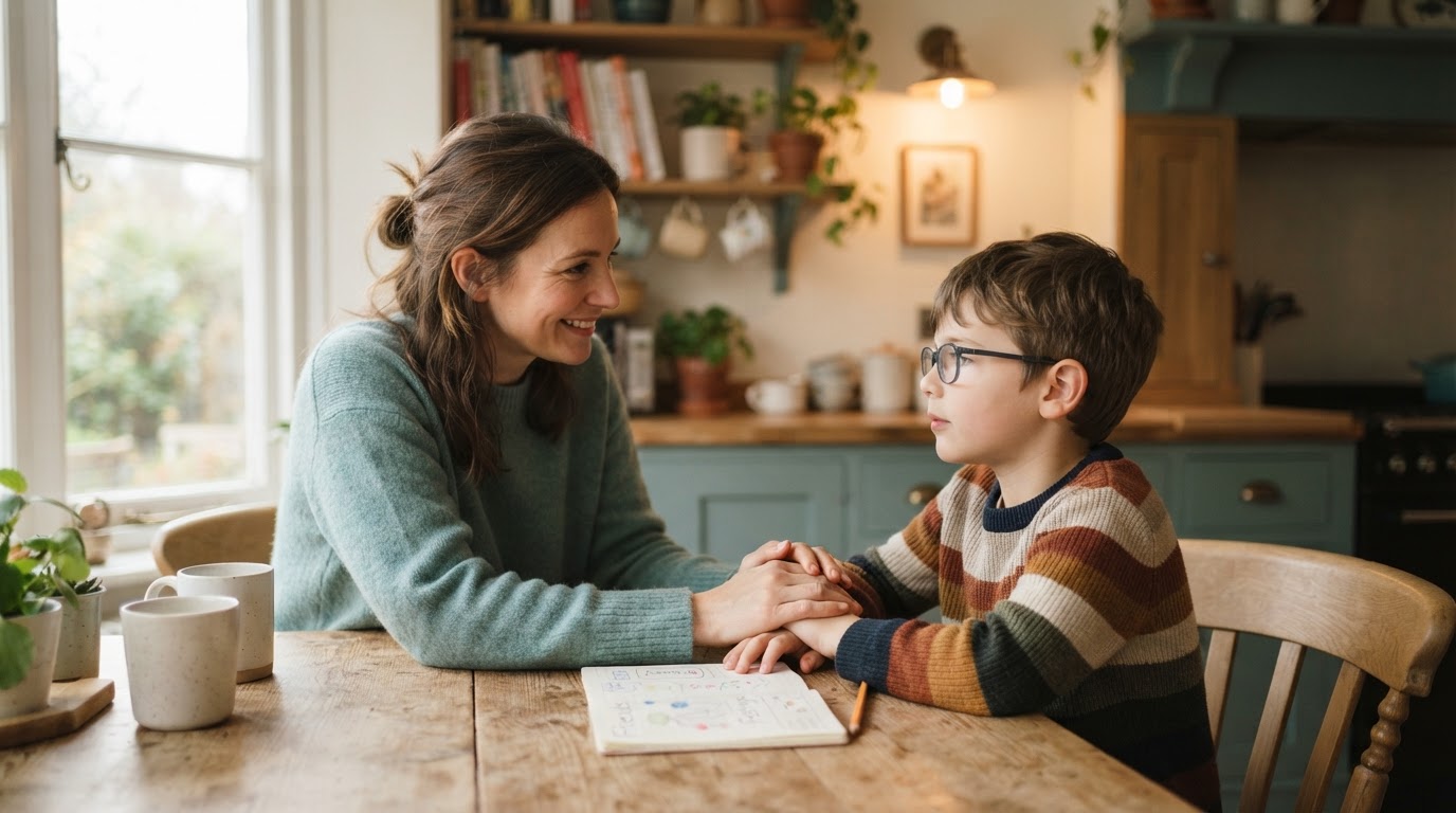 Madre ayudando a su hijo a practicar habilidades sociales en casa