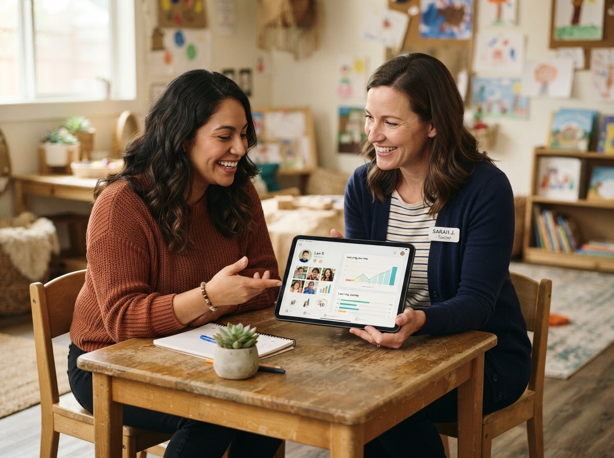 Maestra y padre colaborando y conversando sobre el desarrollo del niño
