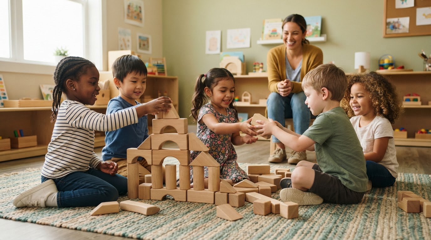 Niños jugando juntos cooperativamente en un aula