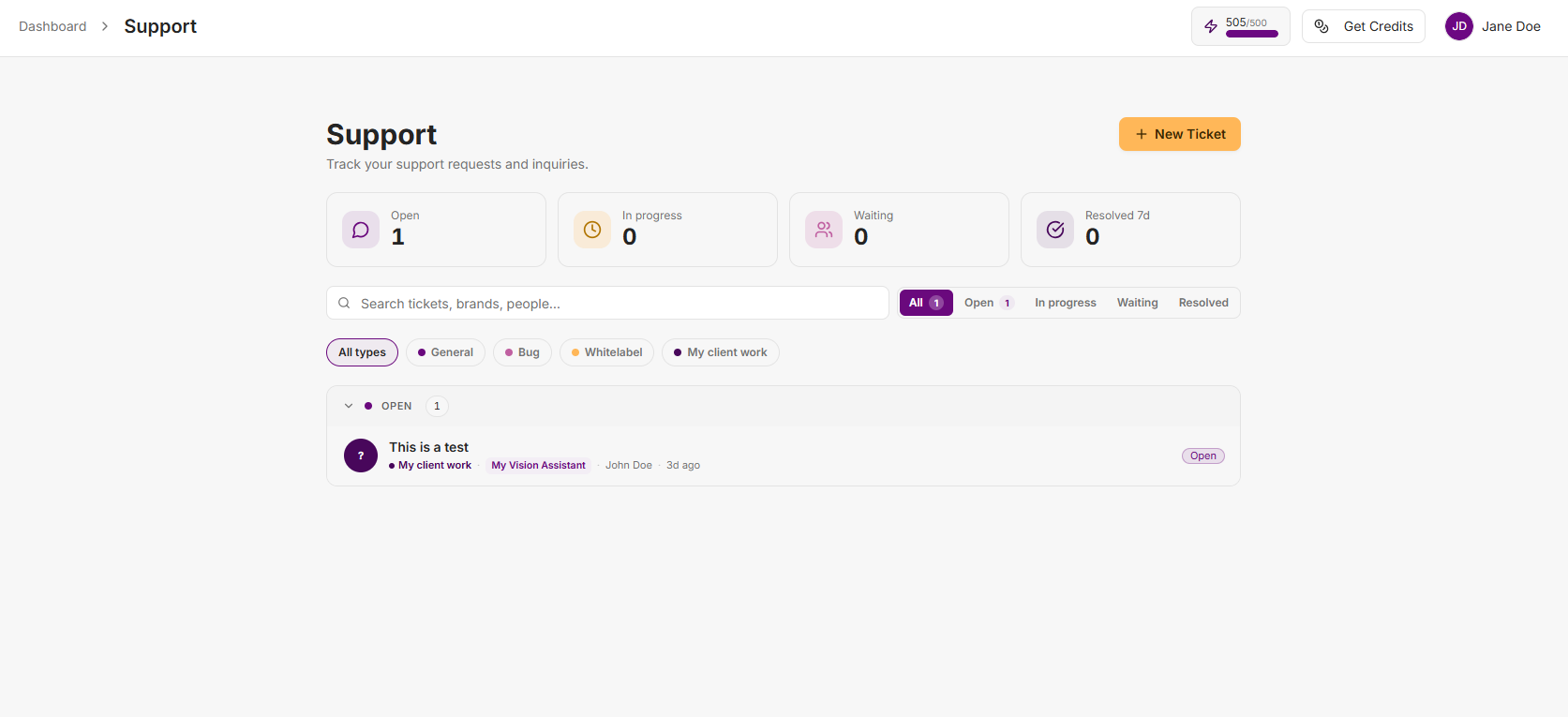 The Support Center dashboard inside My Vision Assistant, showing the New Ticket button, status counters for Open, In progress, Waiting, and Resolved, plus search and filter options.