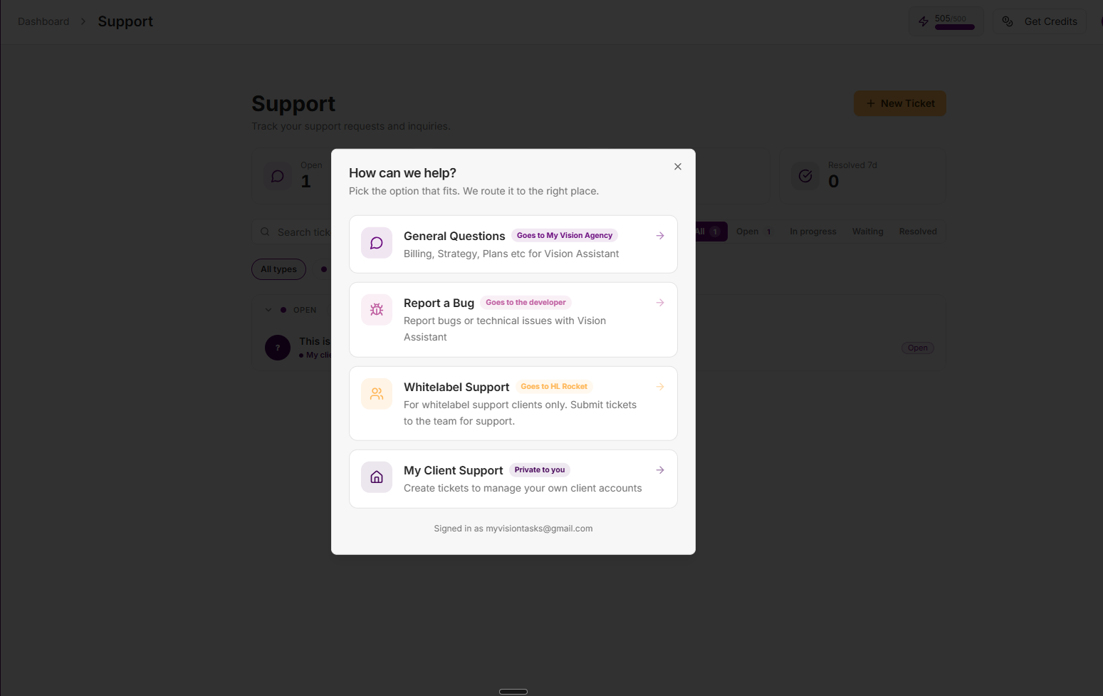 The How Can We Help modal showing the four support paths: General Questions, Report a Bug, Whitelabel Support, and My Client Support.