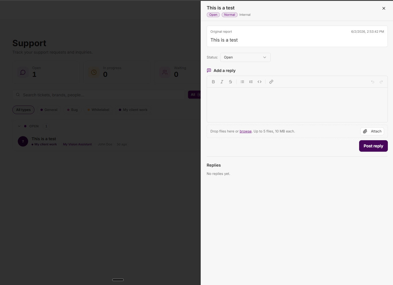 The ticket detail side panel showing the original report, status dropdown, reply editor with formatting tools, and the replies section.