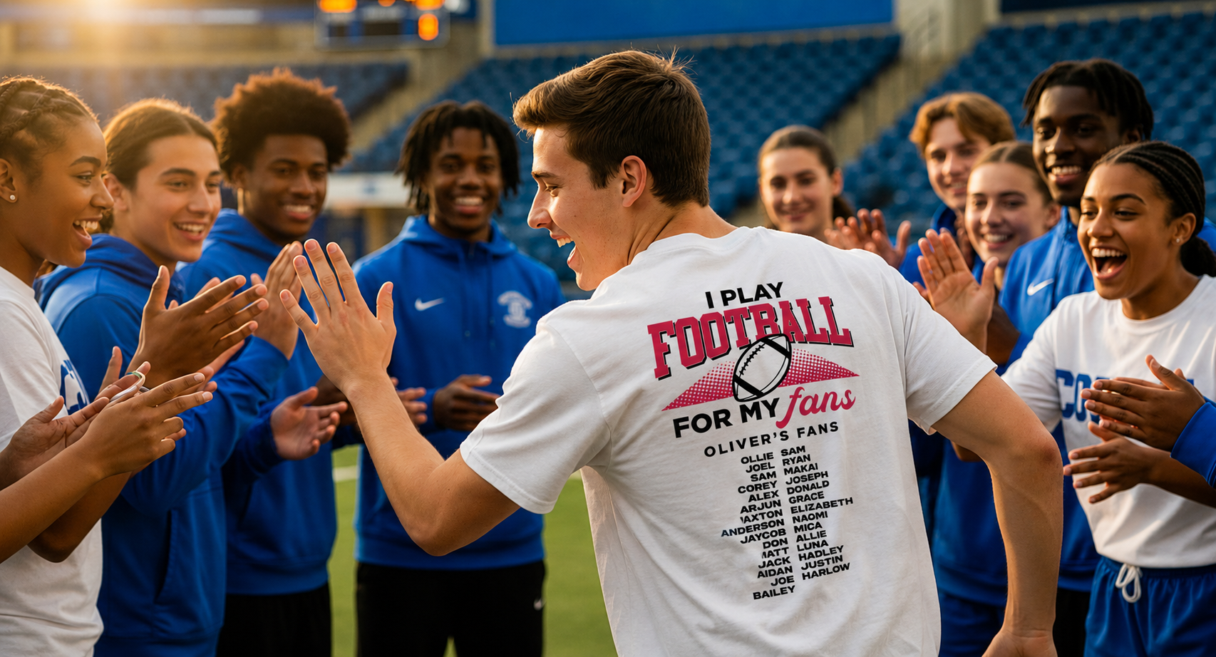 Happy athlete wearing Fan Fuel shirt
