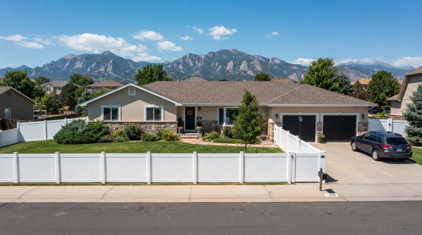New white vinyl privacy fence installation in Parker Colorado front yard after renovation