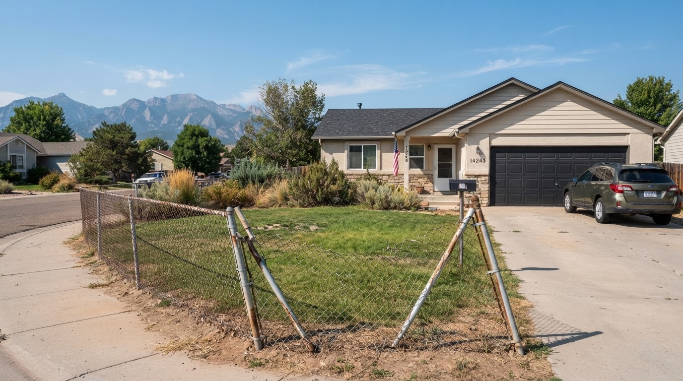 Damaged rusted chain link fence in Parker Colorado front yard before replacement