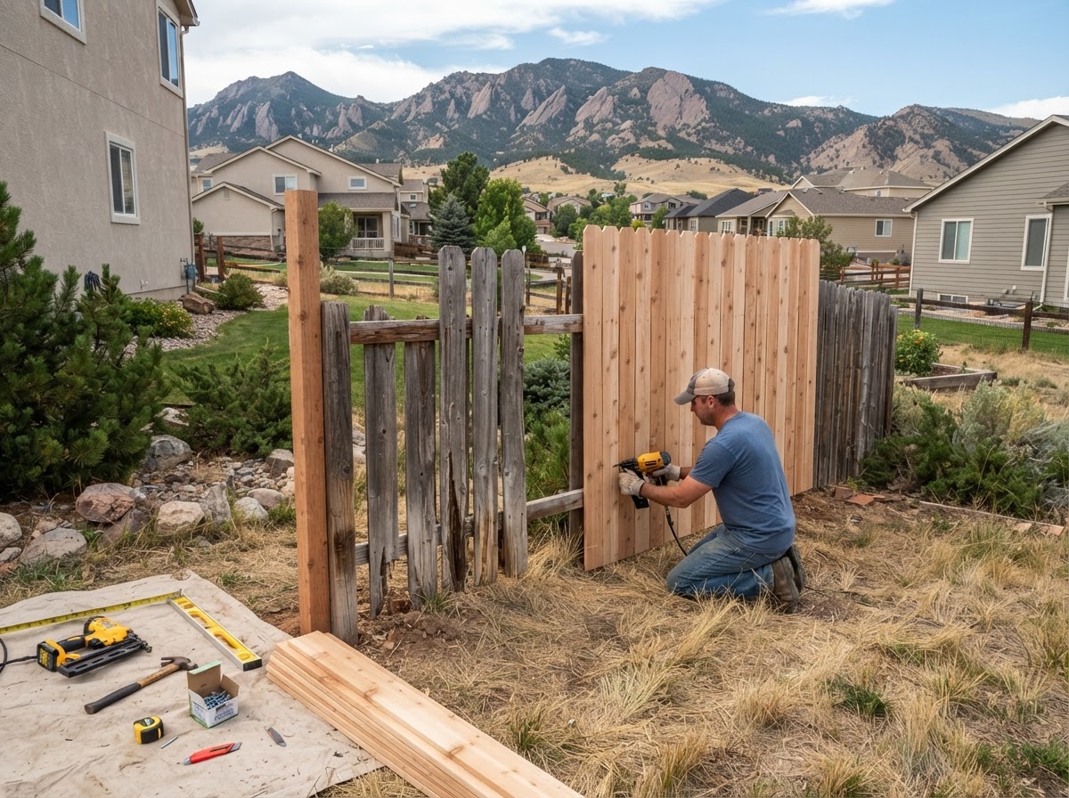 Cedar wood fence repair with new pickets replacing damaged boards in a Parker, Colorado backyard