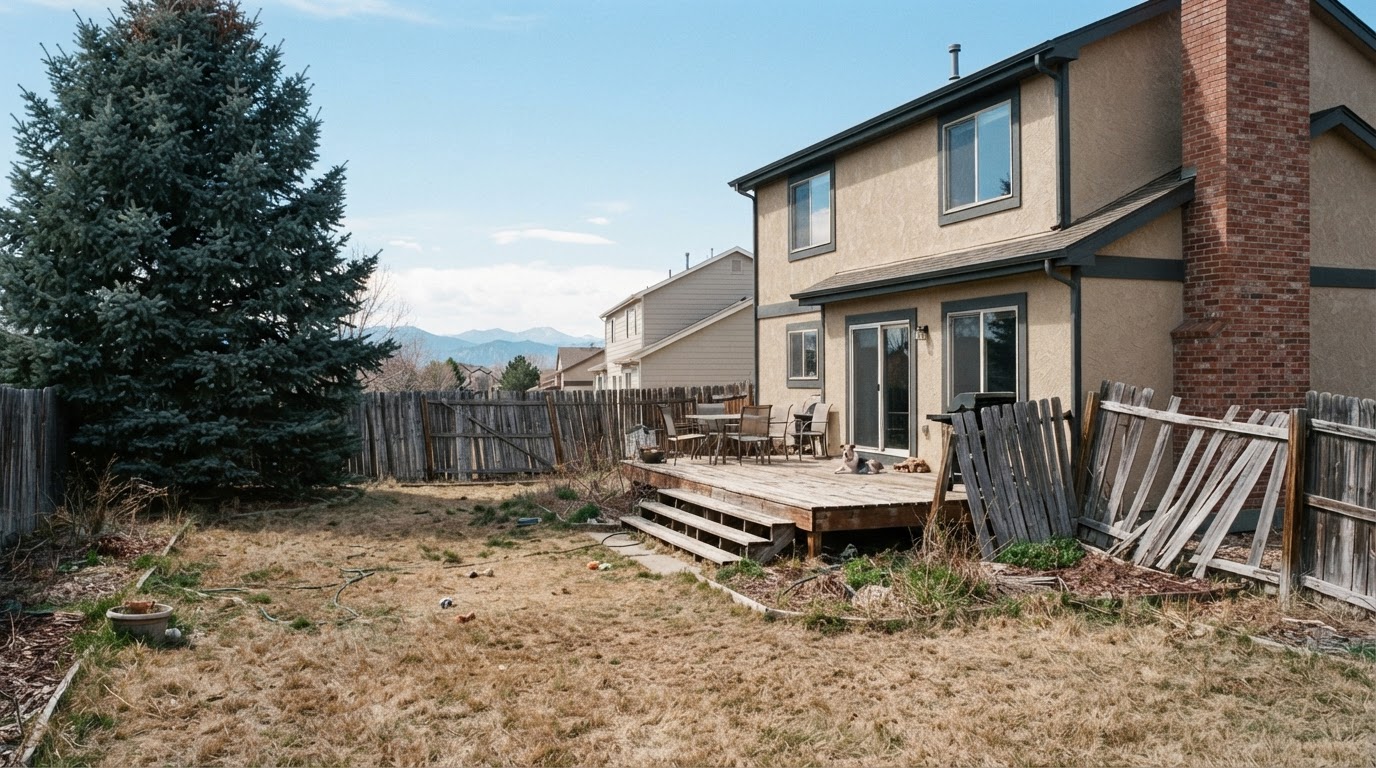 Old weathered leaning wooden privacy fence in Parker Colorado backyard before repair