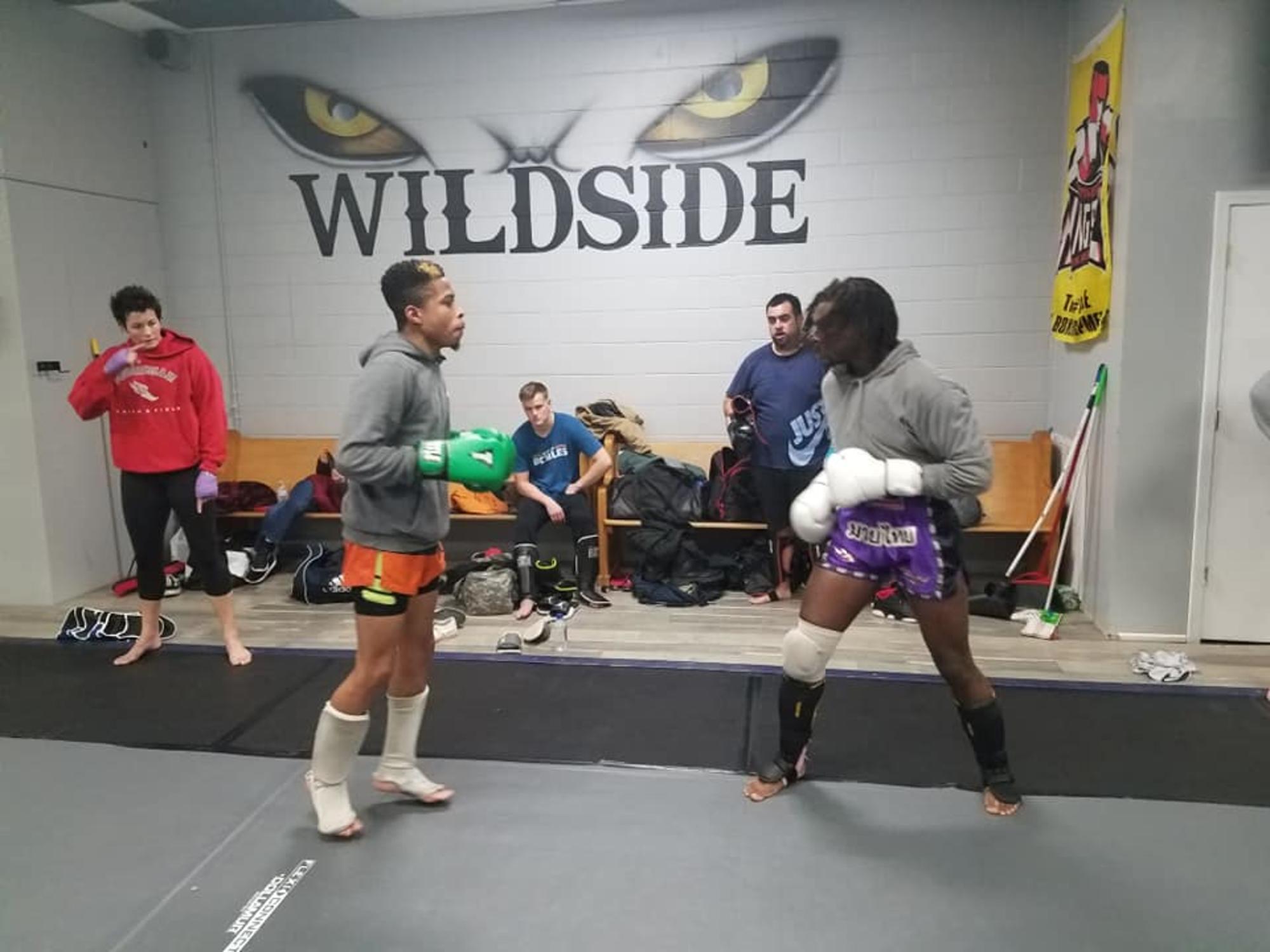Striking Sparring Clarksville TN Wildside — students sparring in front of the Wildside gym logo