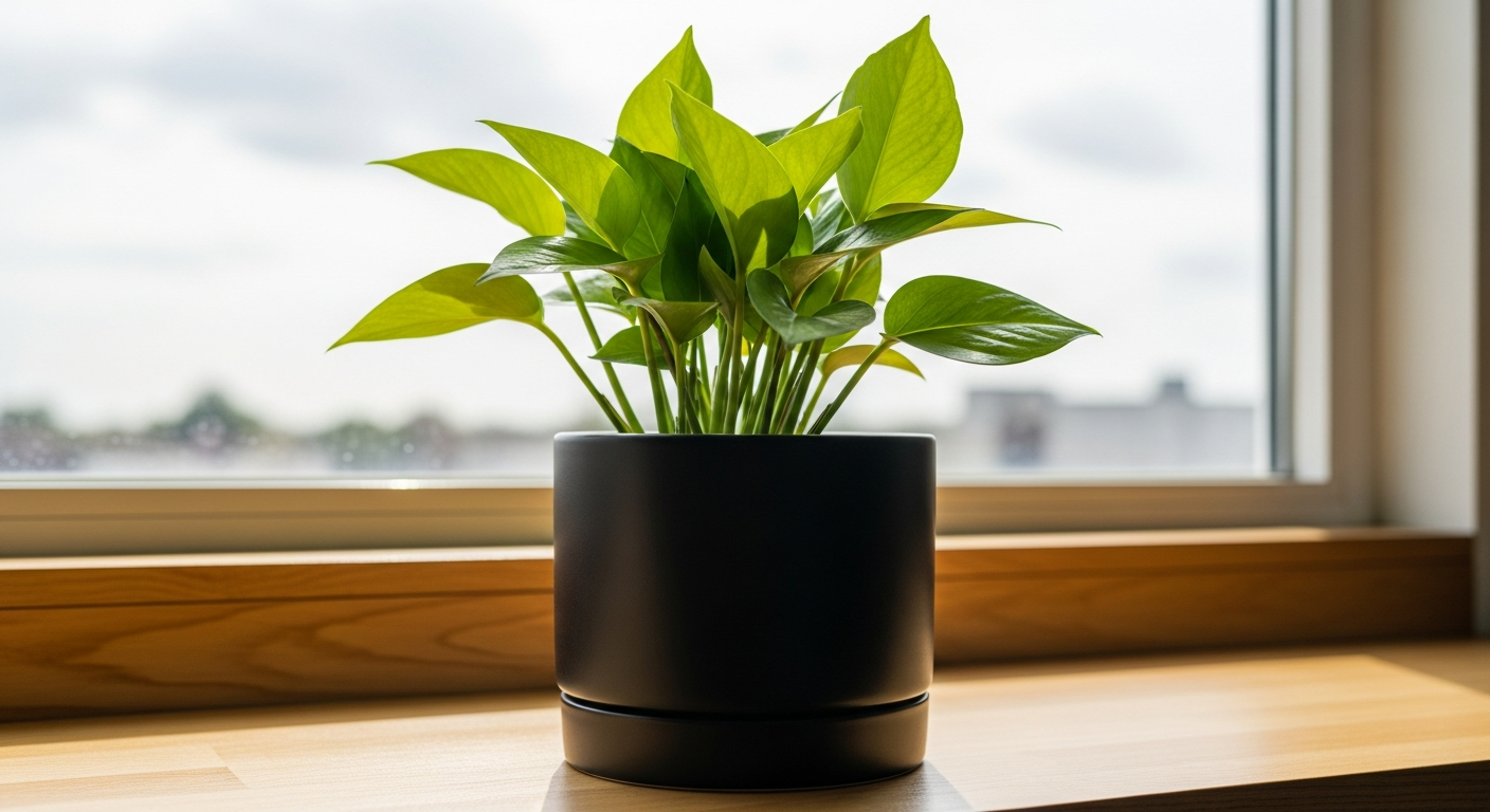 A professional photograph of a lush, healthy green plant growing in a modern ceramic pot on a bright windowsill, symbolizing the steady and sustainable compounding growth of organic search marketing over time.