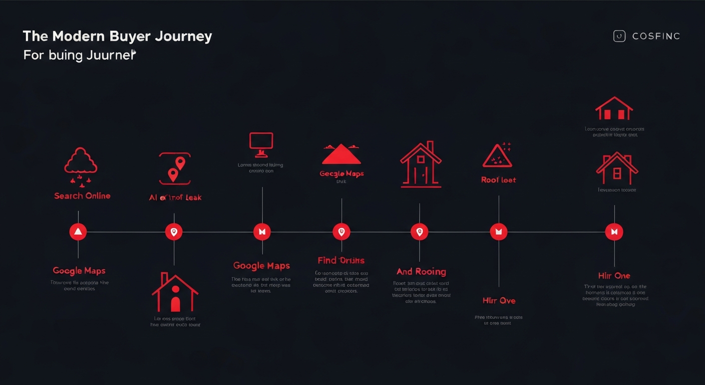 Sleek modern infographic diagram showing the modern digital buyer journey for a roofing customer