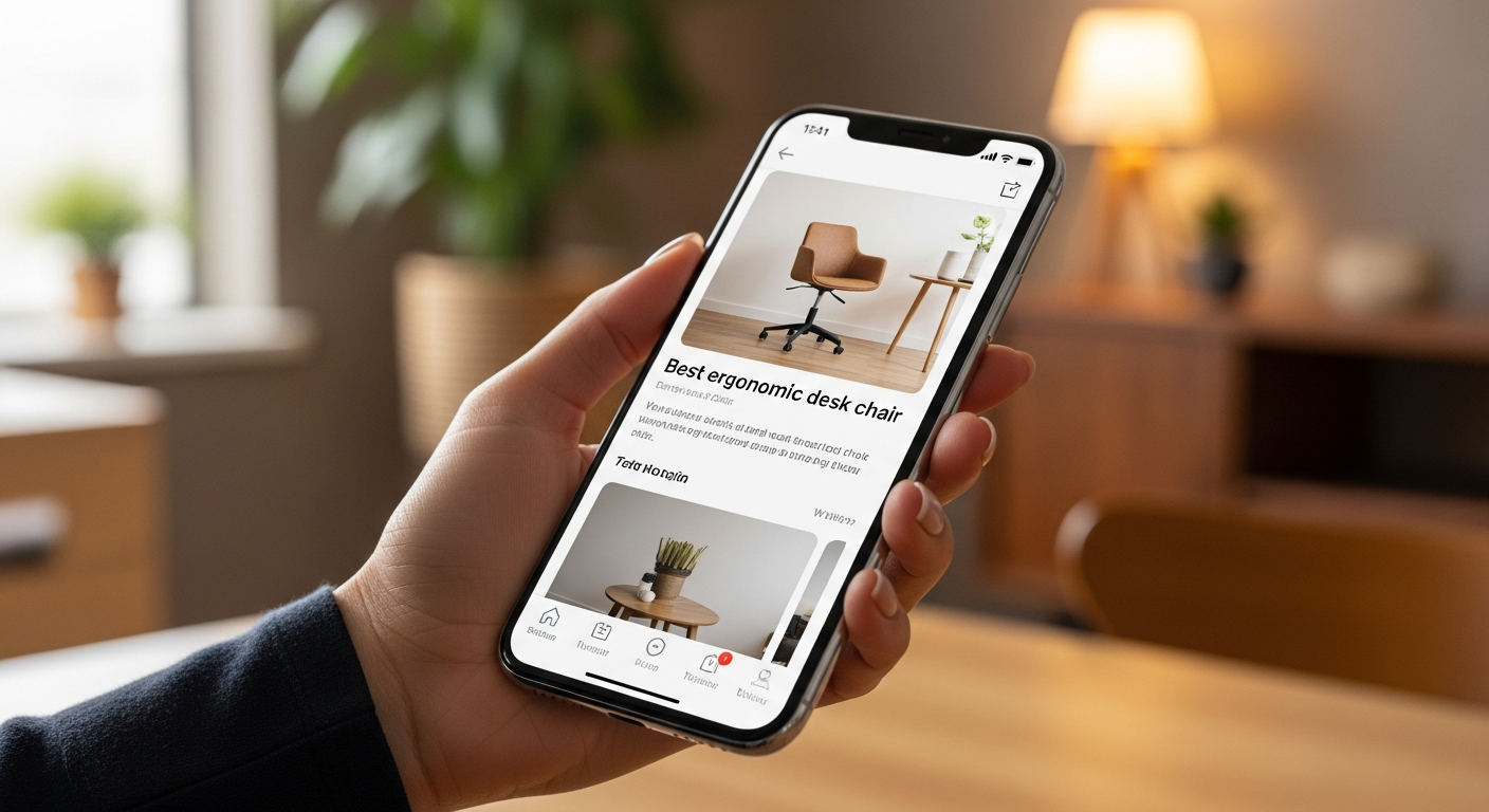 A professional photograph of a person's hand holding a high-end smartphone in a modern home office. The screen displays a clear, helpful search result for a local service business, illustrating how quality content satisfies user intent and search algorithms.