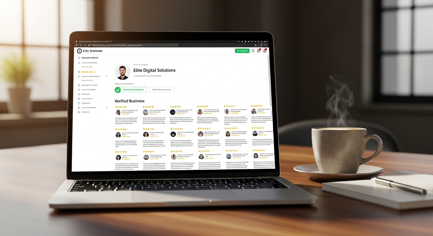 A realistic photograph of a high-end laptop screen showing a verified business profile with numerous positive customer reviews, sitting on a professional desk with a cup of coffee. This illustrates a trusted, authoritative organic search listing.