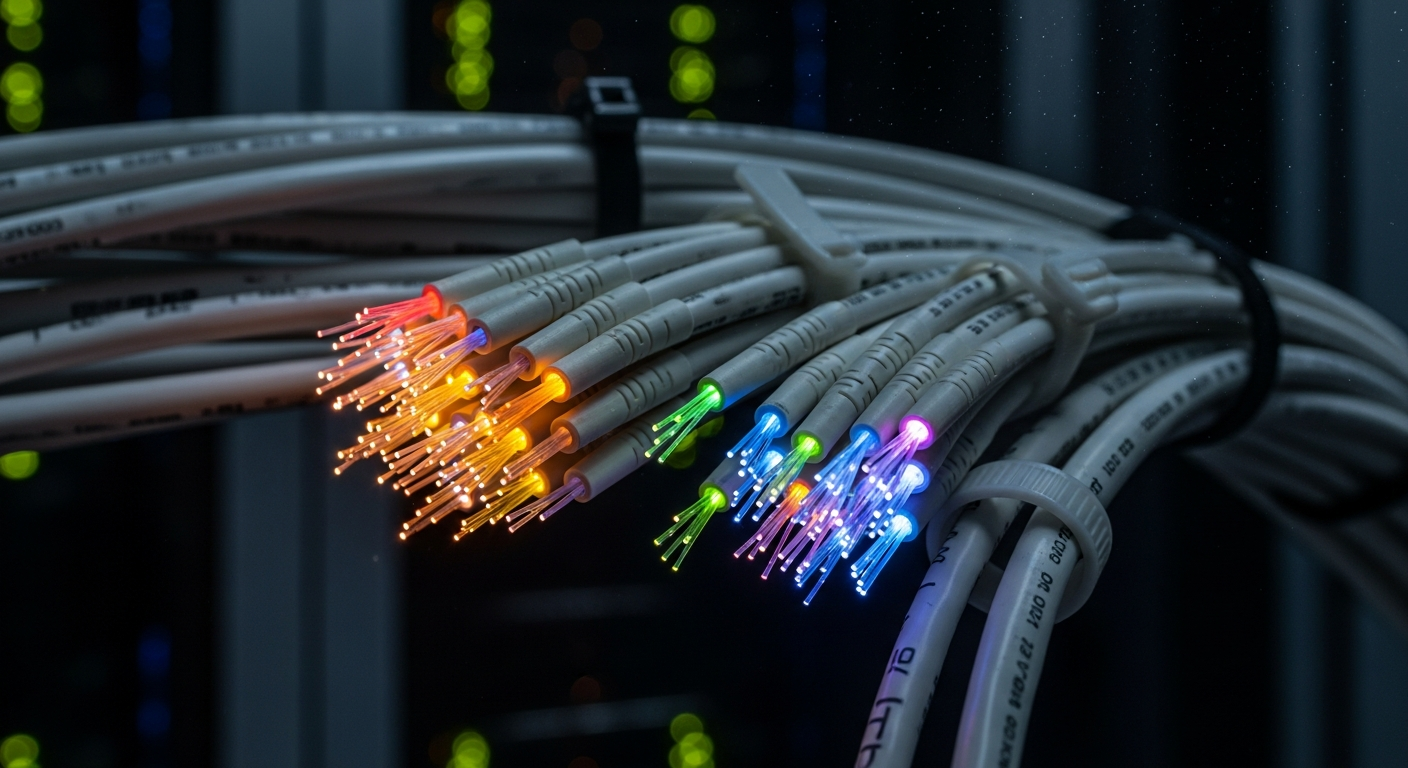 A cinematic photograph of a bundle of professional fiber optic cables with glowing blue light at the ends, representing the far-reaching and high-speed distribution of content across hundreds of digital platforms.