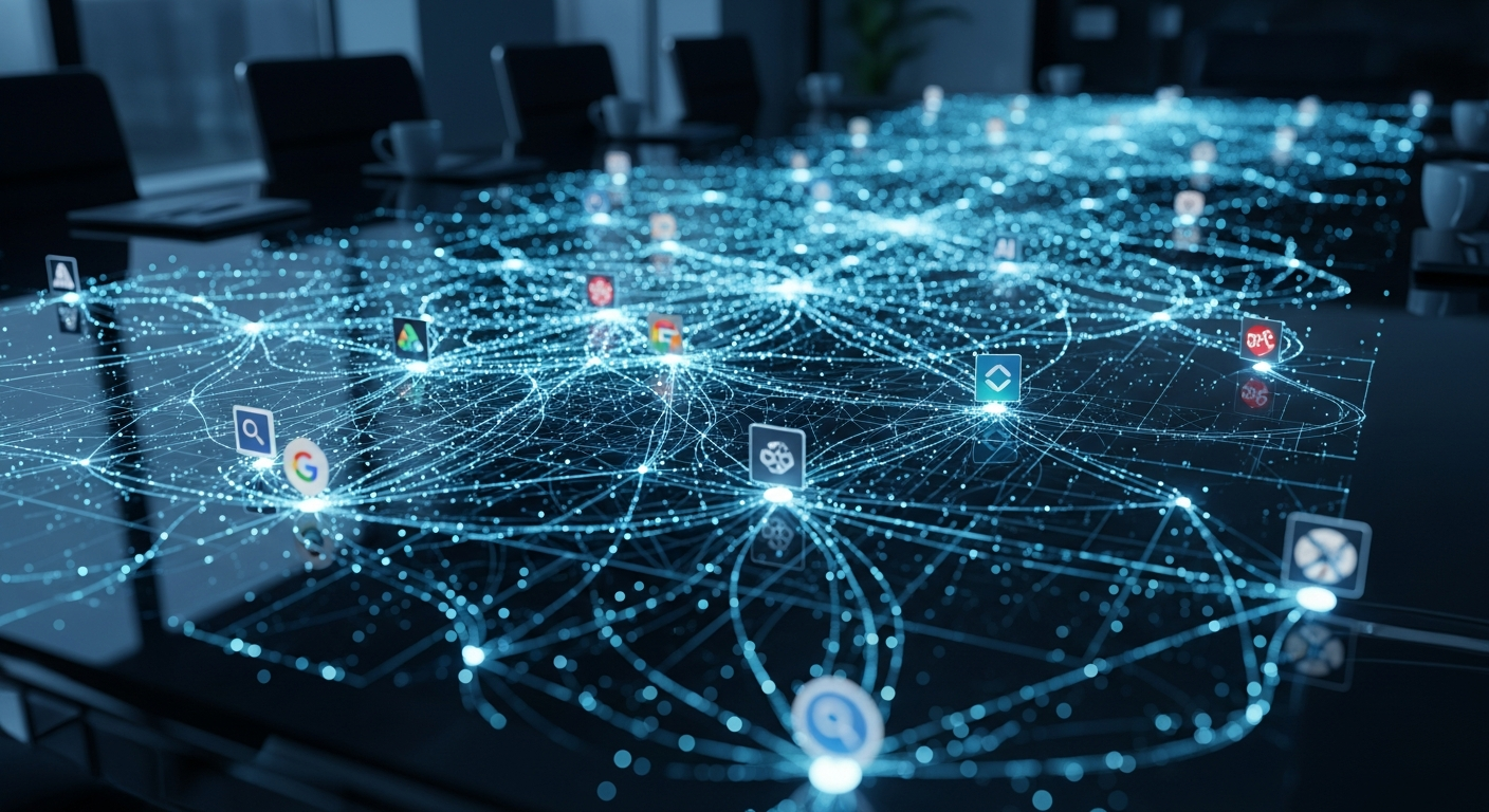 A cinematic photograph of a complex, glowing fiber optic network map spread across a dark glass table. Realistic icons of search engines and AI platforms are positioned at the nodes, illustrating the AI Visibility Ecosystem and how a business connects to ChatGPT, Google Maps, and Perplexity.