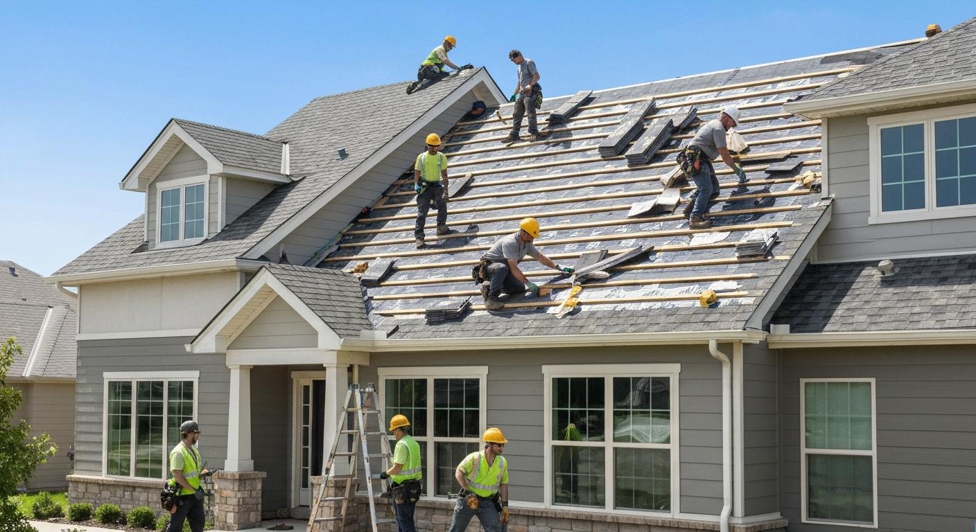 Professional roofing crew working on a residential roof replacement