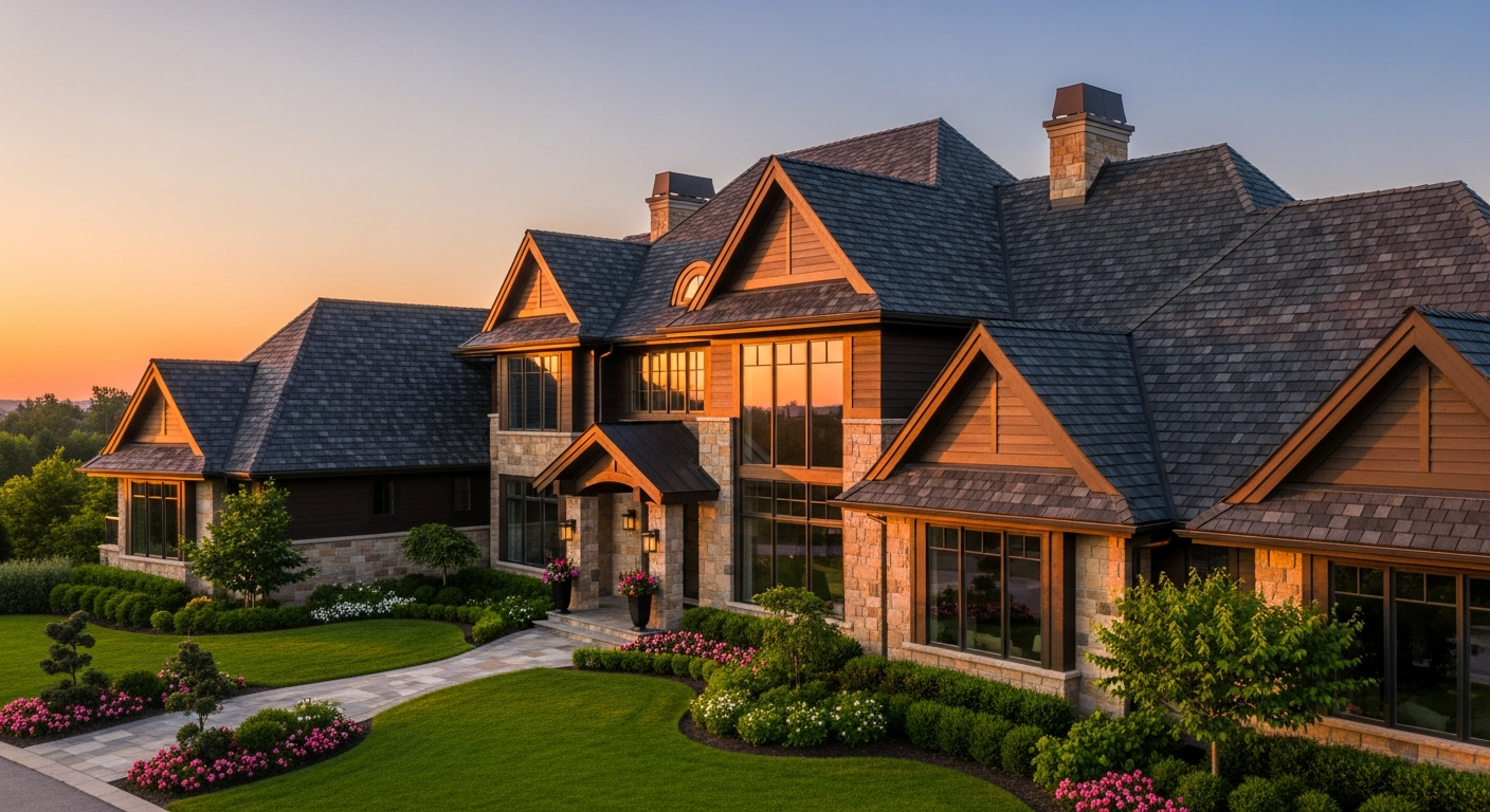 A high-end architectural photograph of a luxury residential home with a stunning architectural shingle roof and perfectly manicured landscaping, illustrating the premium quality of local service businesses that Media Surge Marketing helps promote through omnipresent content distribution.