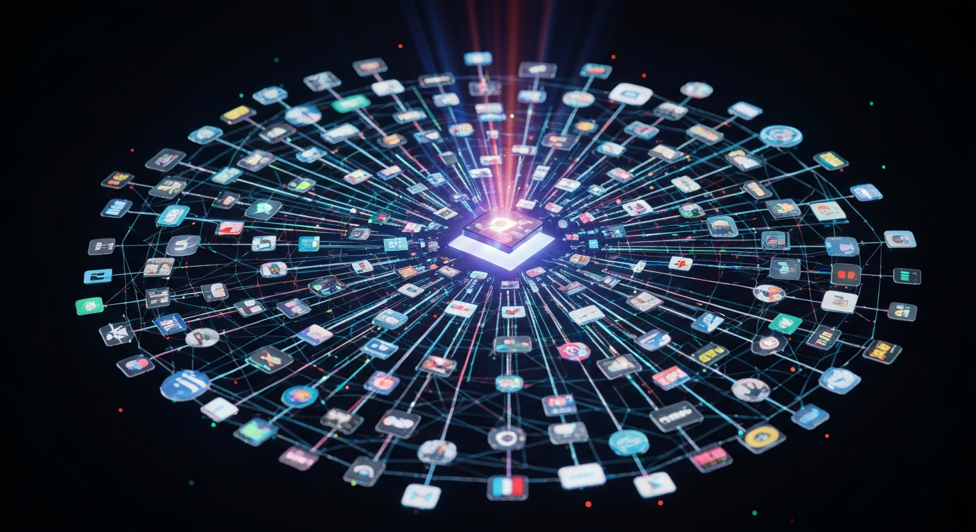 3D visualization of content distribution branching out into hundreds of different platforms