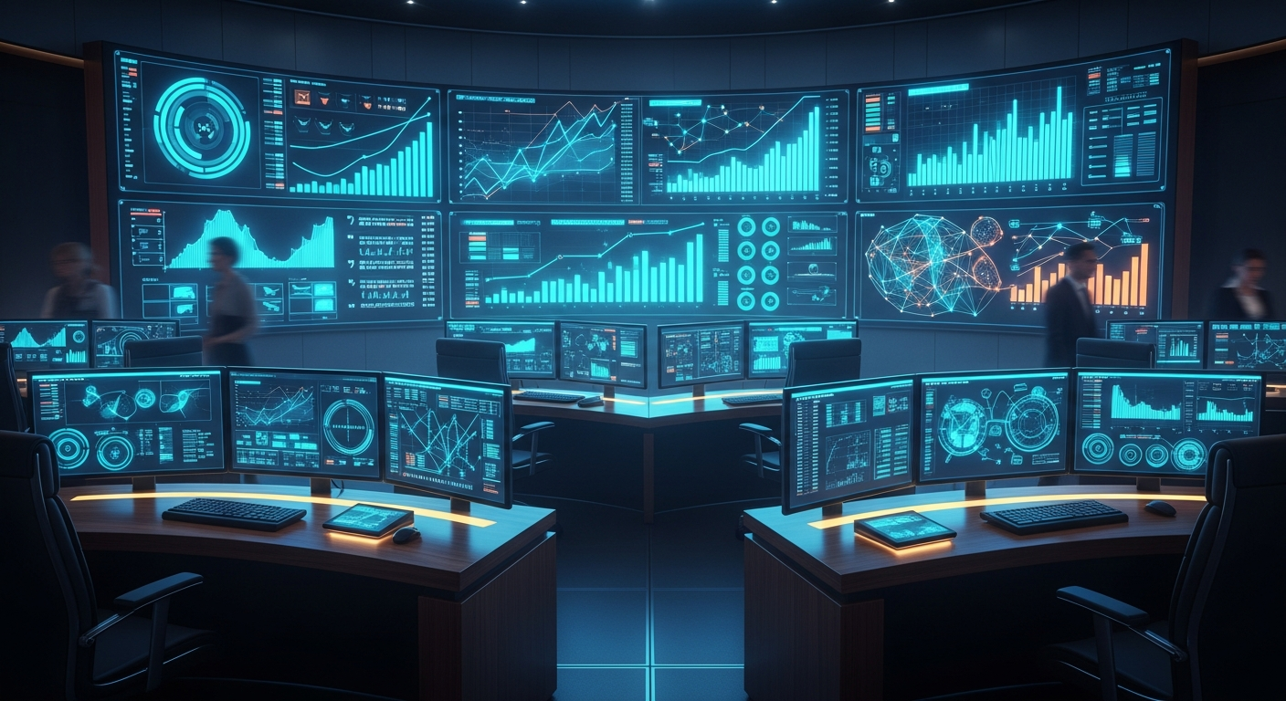 A cinematic, high-resolution photograph of a professional digital strategy room with glowing screens displaying growth analytics and interconnected data points, representing the SURGE Framework implementation.