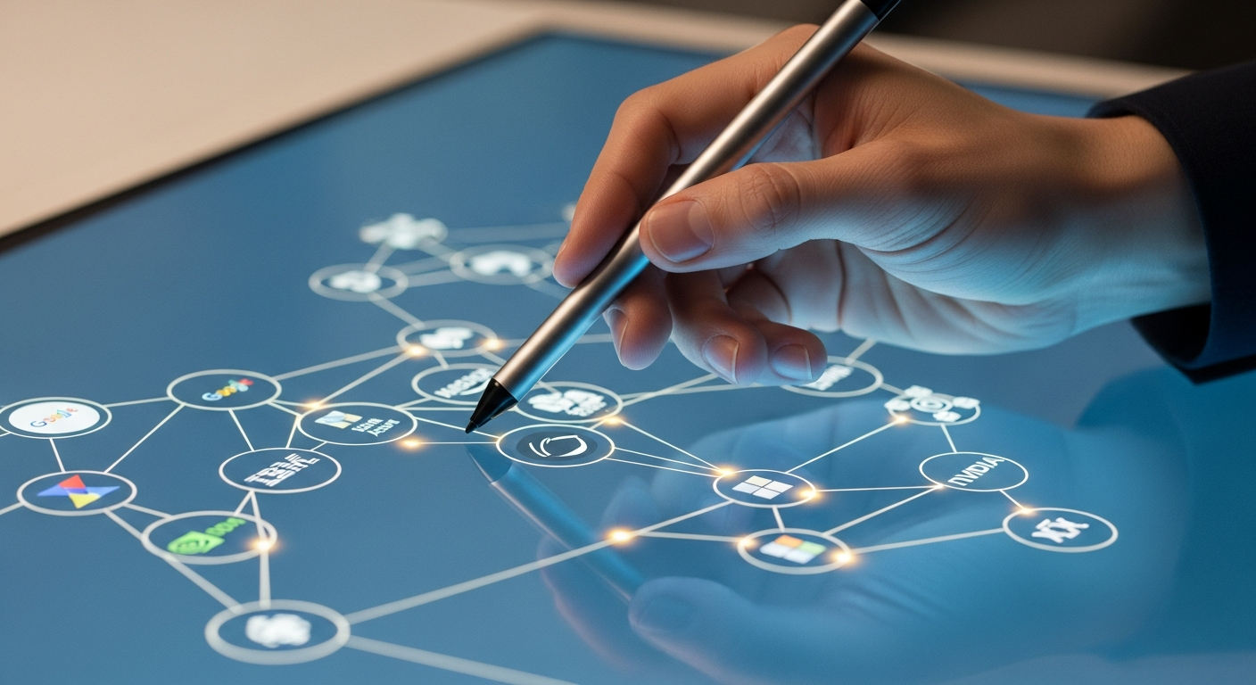 A professional photograph of a person's hand using a high-end stylus on a large touchscreen monitor to connect various digital brand nodes. This illustrates the strategic building of a digital entity, which is the core difference between traditional SEO and AI visibility.