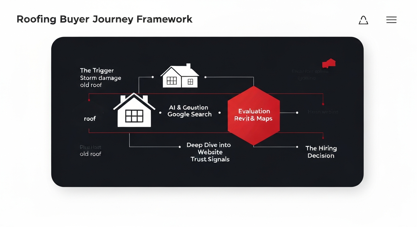 Sleek modern infographic diagram showing the modern digital buyer journey for a roofing customer