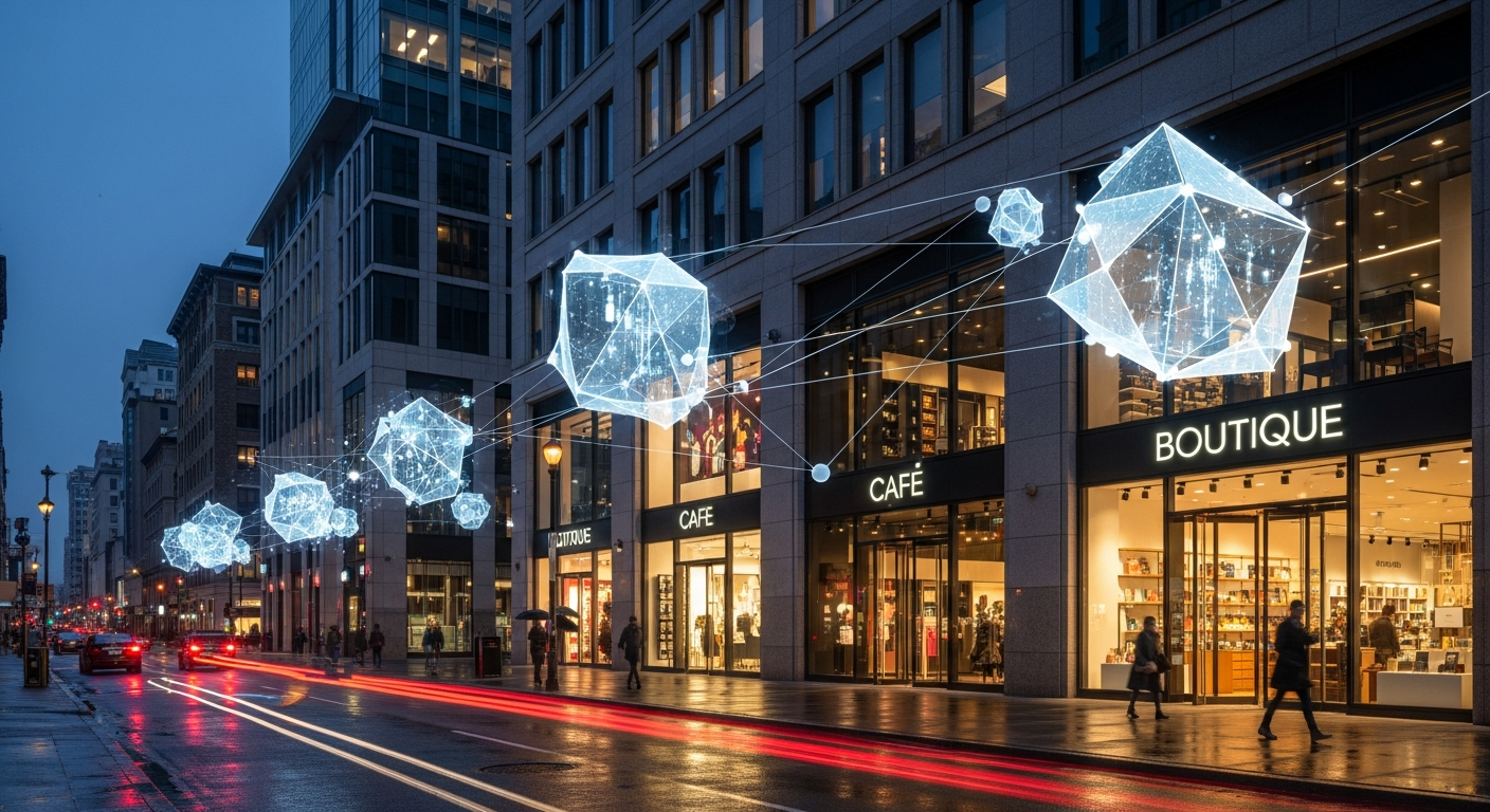 A high-end, realistic photograph of a modern city street at dusk. Glowing digital nodes float above local storefronts, symbolizing the intelligent connection between AI search queries and verified physical business entities.