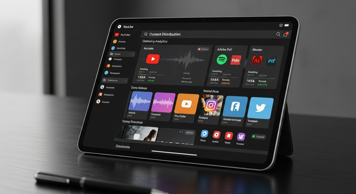 A professional studio photograph of a sleek, modern tablet on an executive desk, displaying a complex but organized content distribution dashboard. This symbolizes the Media Surge Marketing MultiCasting engine which expertly controls and syndicates content across multiple formats.