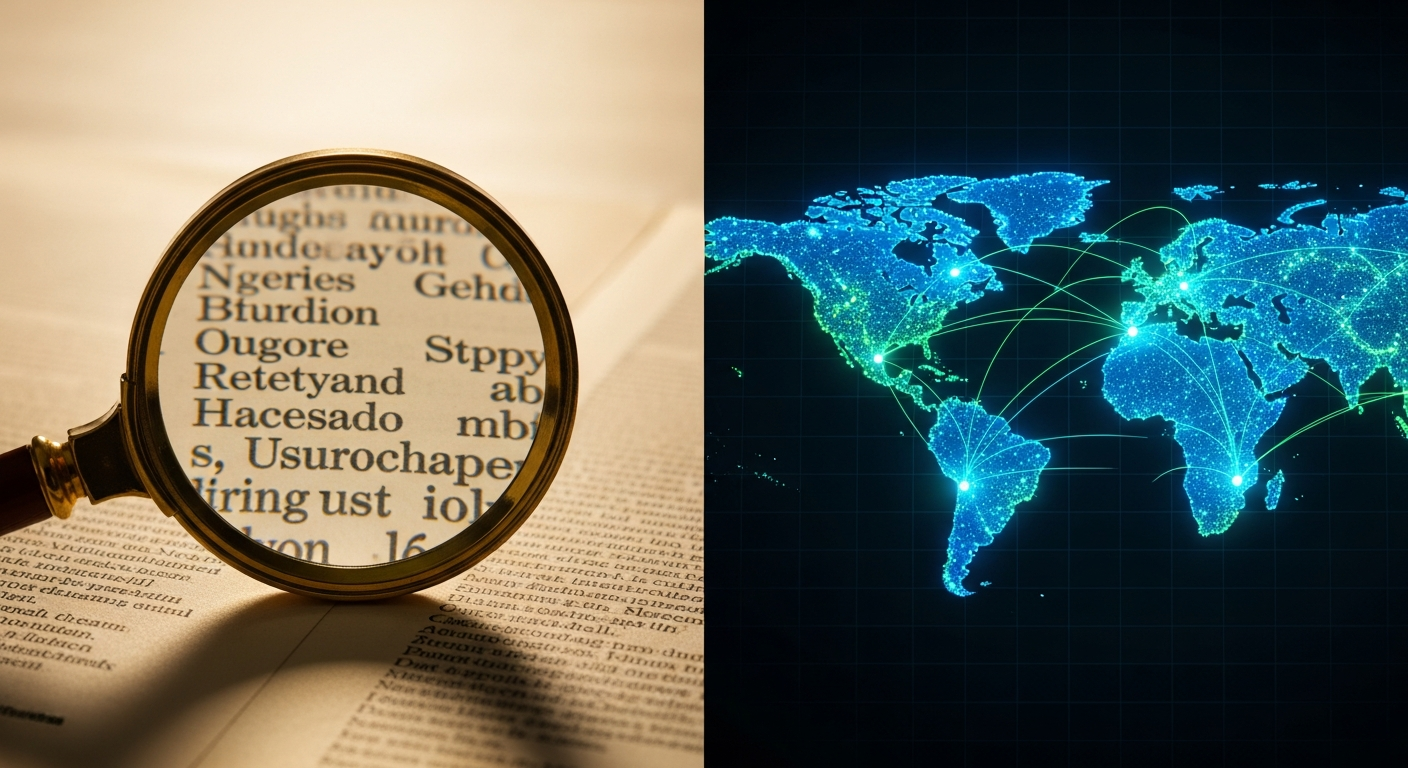 A professional split-screen photograph contrasting a traditional magnifying glass over text with a glowing, interconnected digital map of the world, symbolizing the evolution from search to AI-driven recommendations.