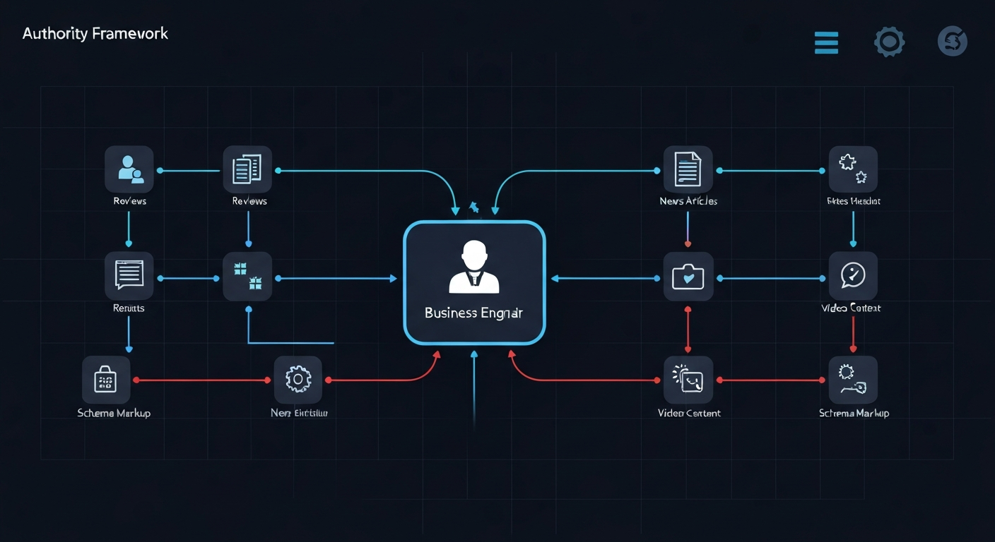 Diagram showing how omnipresent content distribution and trust signals feed into AI search engine recommendations.