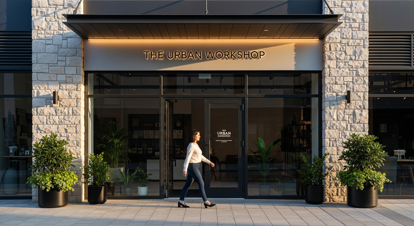 A realistic architectural photograph of a clean, modern storefront for a local service business. A customer is seen approaching the entrance, symbolizing the real-world impact of digital trust signals and positive online reputation.