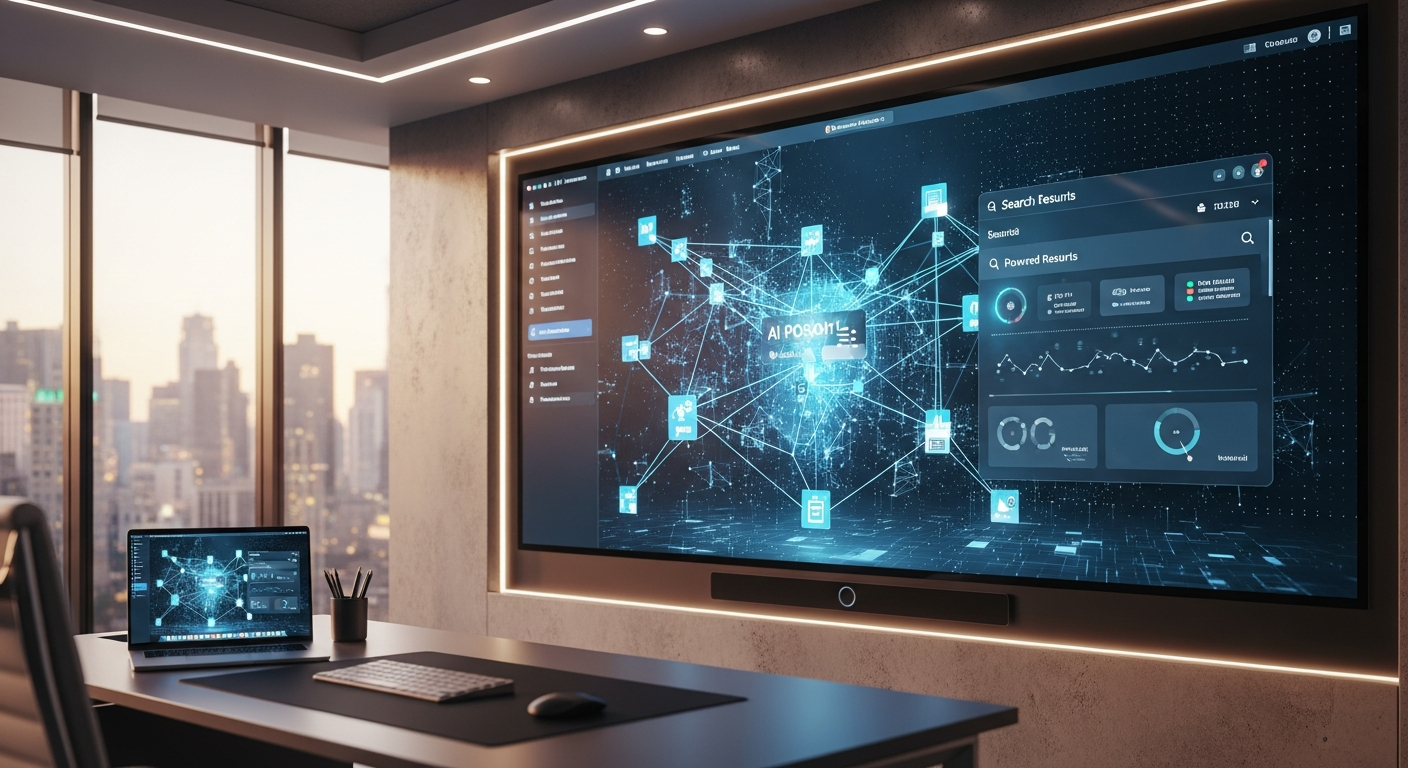 A high-end, realistic photograph of a professional office environment where a modern screen displays a complex web of verified business entities and customer reviews, illustrating how AI builds confidence in a brand's reputation.