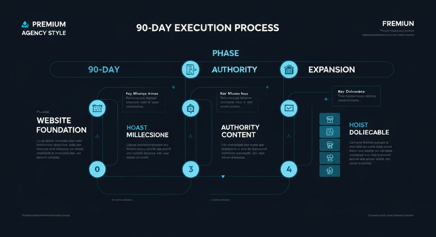 A professional visual timeline showing the 90-day execution phases: Website Foundation, Authority Content, and Expansion.
